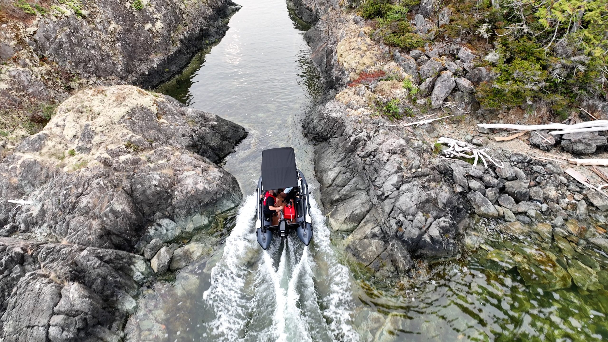 exploring the waters of British Columbia in an inflatable boat complete with bimini