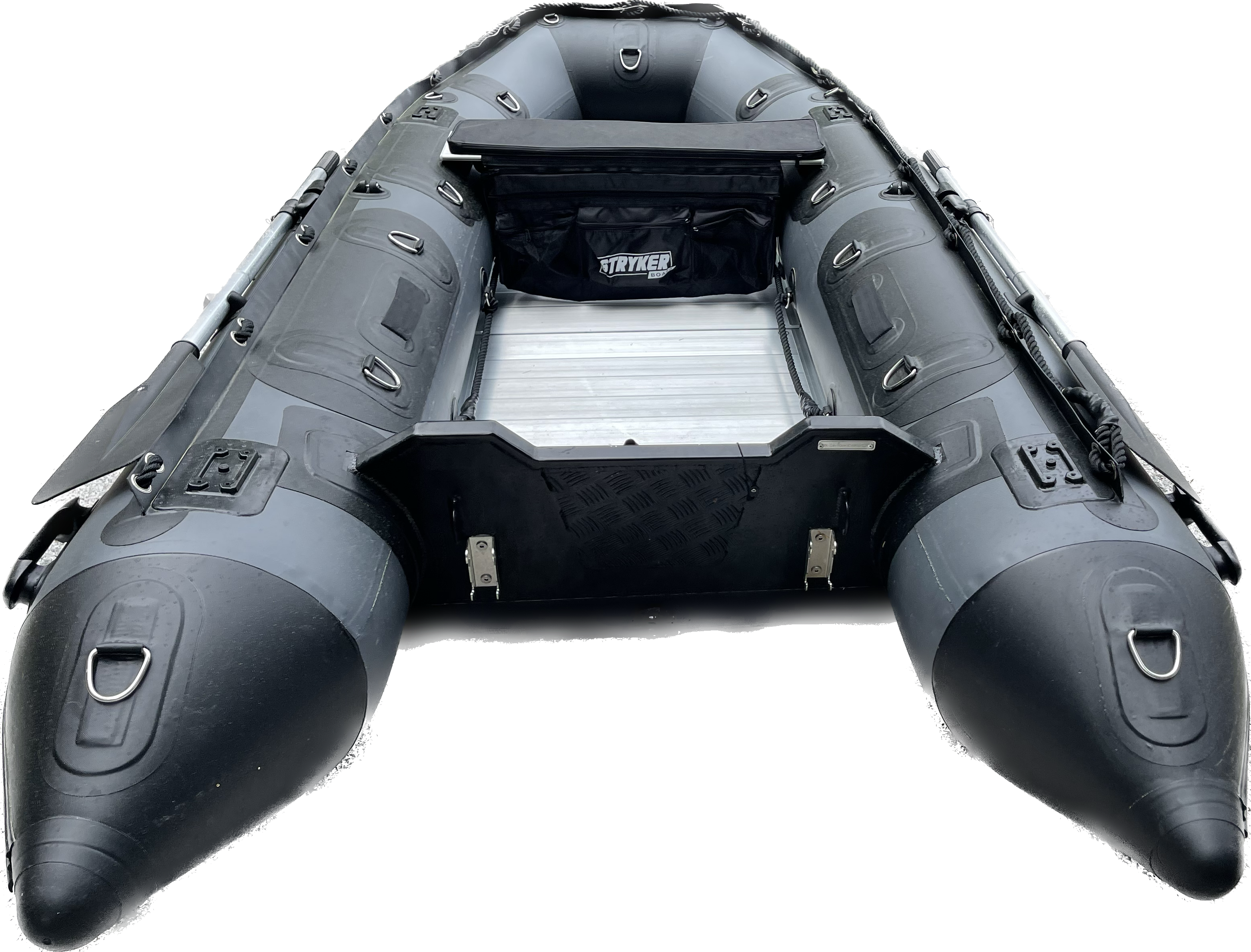 grey inflatable boat with an aluminum floor