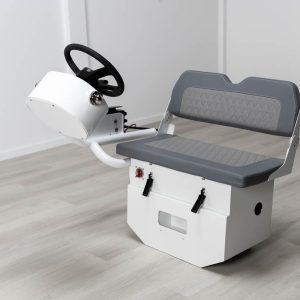 white aluminum bench with steering arm attached. bench and backrest upholstered with premium grey materials