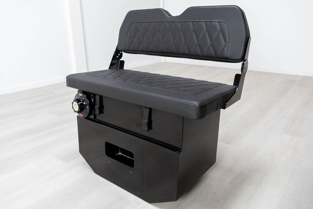 black aluminum bench for inflatable boat with upholstered cushion and folding back rest with storage inside