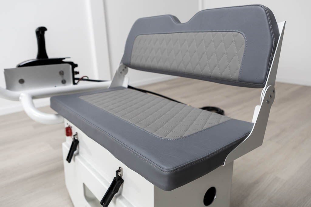 white aluminum bench . bench and backrest upholstered with premium grey materials