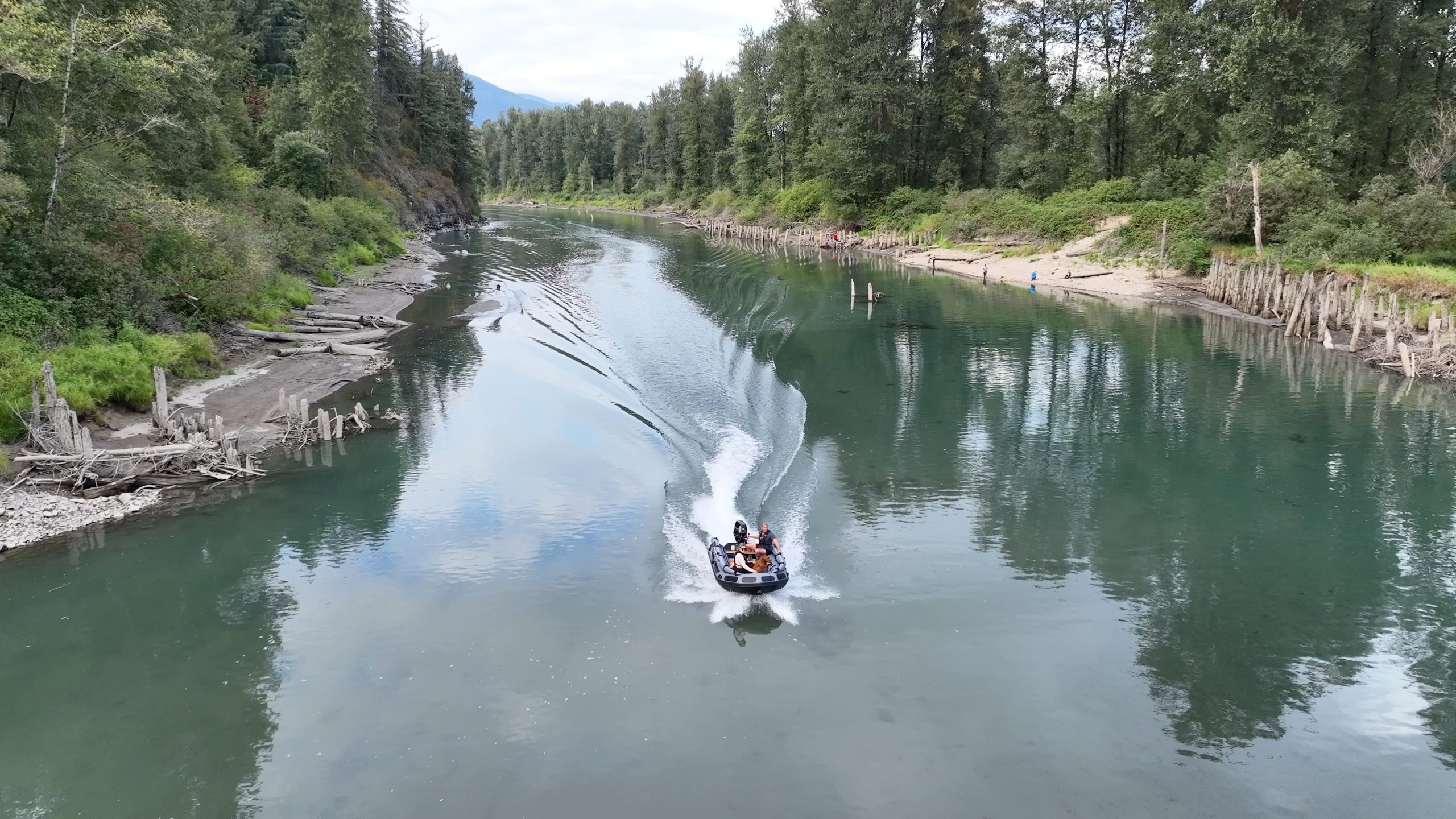 grey inflatable jet boat on the rivers of British Columbia Canada