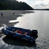grey inflatable jet boat on the rivers of British Columbia Canada